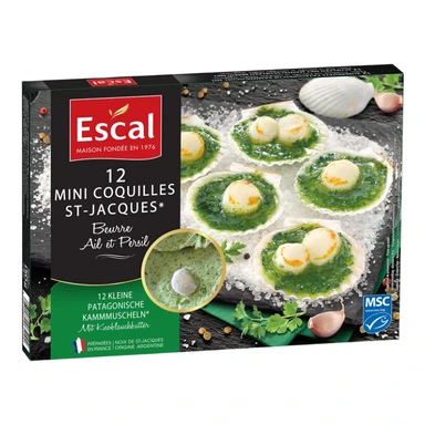 ESCAL Mini Saint Jacques MSC farcies au beurre , Ail & Persil x12 150g