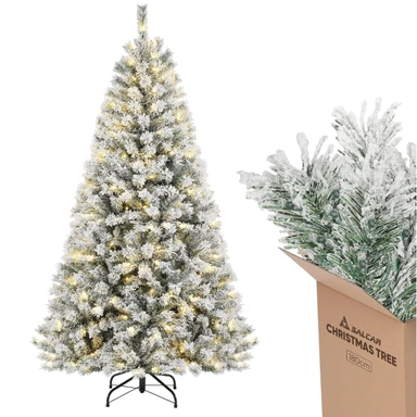 SALCAR Sapin de Noël Artificiel Blanc 180cm de Socle en Bois, Arbre de Noel Enneigées avec 828 Pointes de Branche, Gants, Décoration de Noël