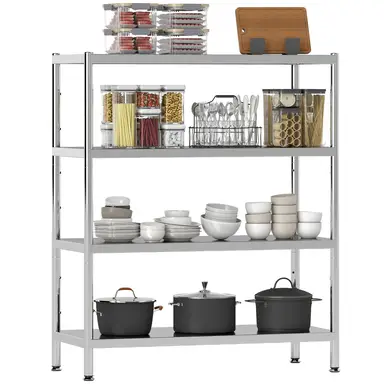 HOMCOM 4-Tier Bakers Rack with Storage, Stainless Steel Microwave Stand with Adjustable Shelves for Small Spaces, Kitchen Storage Unit for Spices, Pots and Pans, Silver Tone