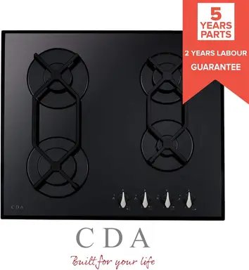 CDA HVG621BL 60cm Black Glass 4-Burner Gas Hob – Cast-Iron Pan Supports