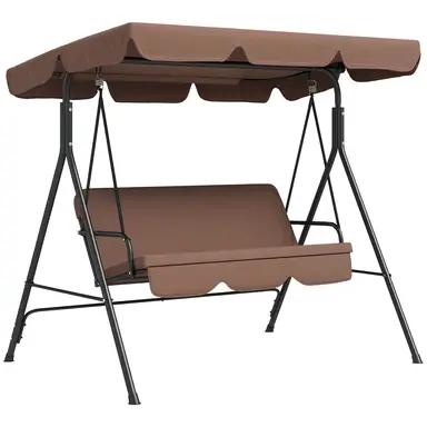 Outsunny 3 Seater Swing Chair with Adjustable Canopy, Garden Swing Seat with Steel Frame, Padded Seat, Brown