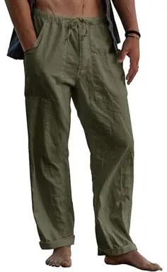 Men's Linen Trousers, Long Wide Summer Trousers, Drawstring Yoga Pants with Pockets, Airy Sun Protection Beach Trousers (militarygreen, M)