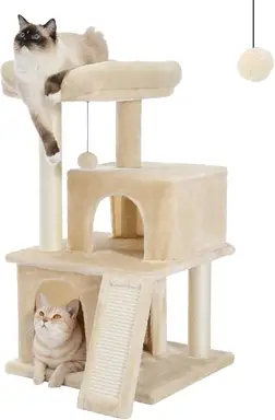 PAWZ Road Kratzbaum, 45.5cm Kratzsäule, Katzenmöbel mit Sisal-Seil, Plüschliege, höhlbares Spielhäuschen, Spielzeug für Katzen, Beige