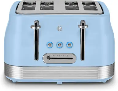 Swan Retro Revive 4 Slice Toaster, Vintage, Cord Storage, Variable Width Slots, 1860W, Coated Stainless Steel, Blue and Chrome Accents - ST19029BLU