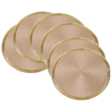 Set de 6 Sets de Table Tressés en Fil Brillant PP avec Pompons Paille Jaune + Pompon Doré, Rond 38cm, Faits Main en Matière PP, Idéal pour Essuyer et Nettoyer, Parfait pour les Réceptions et Mariages