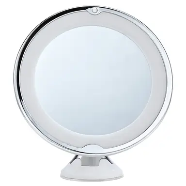 Sunluxy Waschtisch-Kosmetikspiegel, 10-fach vergrößernder Schminkspiegel mit Tageslicht-LED, tragbarer Kosmetikspiegel mit beleuchteter Saugnapfhalterung, einstellbarem Winkel, hellem Ringlicht, tragbarem batteriebetriebenem Design, kompakter 19,6 cm Kosmetikspiegel für Bad, Zuhause und Reisen (benötigt 3 AAA-Batterien), XR-1918