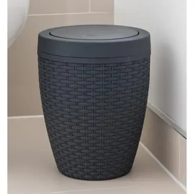 Addis Rattan Effect Round Swing Lid Bathroom Bin - Charcoal