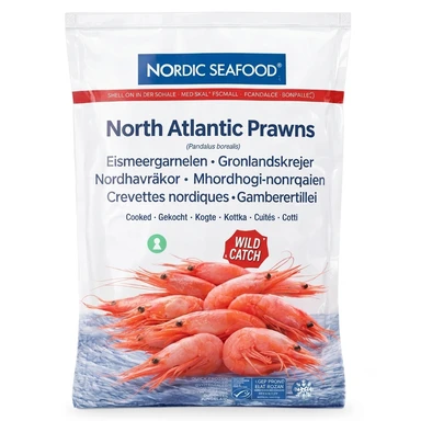 Nordic Seafood 1kg  MSC Nordatlantikgarnelen mit Schale, gekochter Pandalus (netto 800g)