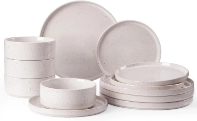 Richmount Nebula Serie Geschirrset - 12-teiliges Keramikset für 4 Personen - Enthält Essteller/Salatteller/Müslischalen - Spülmaschinen- und Mikrowellengeeignet - Cremeweiß mit Sprenkeln