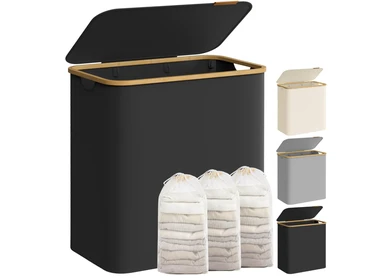 SONGMICS Wäschekorb mit Deckel, 3-Fach Wäschesammler, 150L, herausnehmbarer Netzbeutel, Oxford-Gewebe, Bambusgriffe, faltbar, 60 x 38,5 x 70,5 cm, Tintenschwarz LCB515B01