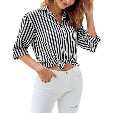 Women's Blouses Striped Long Sleeve Shirts Button Down Loose fit Casual Tops (black， L)