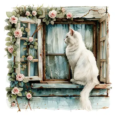 Flower Fake Window Wall Sticker Floral Wall Decals Peel and Stick Vintage Peony Rose Faux Window Decor for Kids Girls Room Bedroom Living Room，Cute kitten