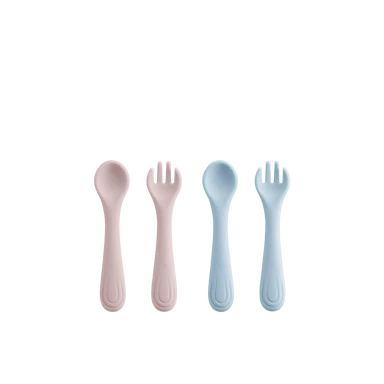 BC Babycare Kit cuillère et fourchette en silicone mini poignée, ustensiles pour repas autonome, pour bébés de plus de 6 mois, sans BPA – Diversification et autonomie, Rose + Bleu