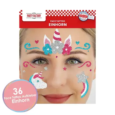 Face Tattoo Einhorn, temporäres Glitter Gesichtstattoo für Motto Party, Halloween & Karneval, Kinder & Erwachsene