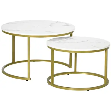 HOMCOM Coffee & Side Table Set Marble Round White/Gold