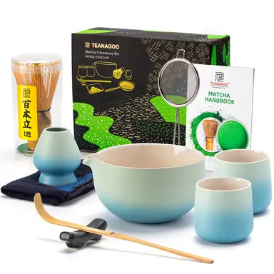 TEANAGOO Fouet à Matcha 9 Pièces, Set Matcha pour Cérémonie, Kit Matcha en Céramique, Set à Thé Matcha pour Préparer Petit-Déjeuner/Latte, Cadeau pour Amateur de Matcha, Set Fouet à Matcha et Bol avec Tous les Accessoires, Soldes du Nouvel An, Idées Cadeaux Incontournables