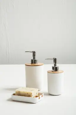 Maison by Premier Subtle White Lotion Dispenser With Bamboo Fibre Body,  Liquid Soap Pump For Hand Wash, Moisturizer Dispenser