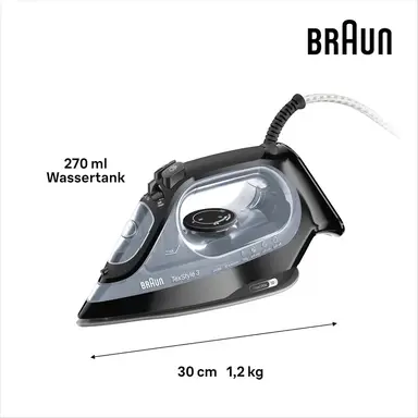 Braun TexStyle 3 SI3055BK Dampfbügeleisen FreeGlide 3D Technologie Keramikbeschichtungssohle automatische Abschaltung kurze Aufheizzeit einfaches Nachfüllen (220 ml) 2400W schwarz