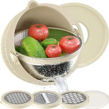 Huacan drain basket made of stainless steel, rotatable double-layer wire cutting, fruit and vegetable washing basket