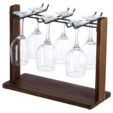 MyGift Moderner Verbrannter Brauner Massivholz und Matt-Schwarzer Metall-Draht Tisch-Weinglashalter, Arbeitsplatten-Trockenständer für Trinkgläser, Kelche, Flöten