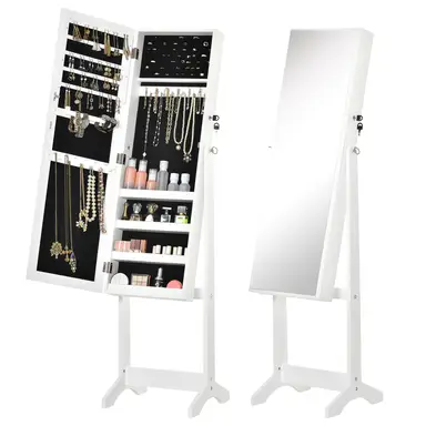 HOMCOM Full Length Mirror with Storage, Jewellery Cabinet with Mirror, Adjustable Angle and Stand, Lockable Jewellery Organiser for Bedroom Dressing Room, White