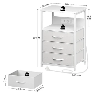 Seventable Three fabric drawer side table with power and light - matte white Hemp White