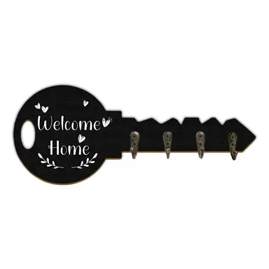 Alphynix 1pc Key-Shaped Wall Hook, "Welcome Home" Decorative Key Rack with 4 Metal Hooks, Entryway Organizer for Keys & Small Items