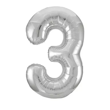 Unique Party Giant Number 3 Balloon, Silver, 86cm