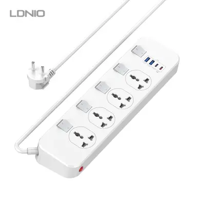 [EU Plug] LDNIO Universal Power Strip with Independent Switch,4 Universal Sockets, 2 x USB-A, 1 x Type-C, 1 x 20 W USB-C PD (5 V 3 A 20 W), 5 Independent Safety Switch, 6.5 ft Power Cable, with Surge Protection, EU & US Plug Extension Socket