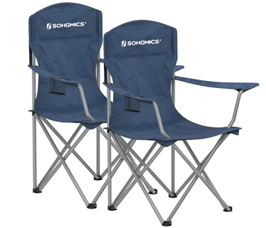 SONGMICS Set aus 2 Faltbaren Campingstühlen, Bequem, Robuste Struktur, Max. Belastbarkeit 150 kg, Outdoor-Stuhl mit Getränkehalter, für Camping, Garten, Angeln, Terrasse, Blau GCB08BU