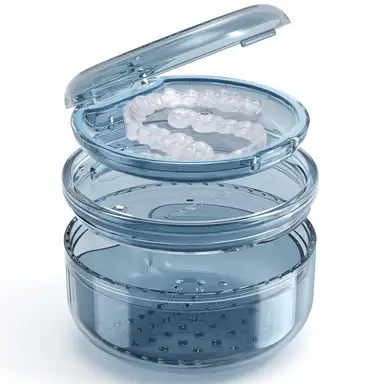 Gebitsprothese-opbergdoos en reinigingsbak: 2-in-1 retainerdoos, lekvrije gebitsbadbox beker, volledige reiniging en verzorging voor gebitsprothesen, transparante beugels, gebitsbeschermer, nachtbeschermer en retainers