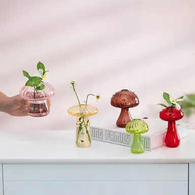 Pilzförmiger Glas-Pflanzbehälter, Set aus 5 farbigen Pflanzen-Vermehrungsstationen, Mini-Terrarium für Pflanzen, einzigartige kleine Glasvase für Blumen, niedliche hydroponische Indoor-Pflanzgefäße, Geschenke für Frauen und Raumdekoration