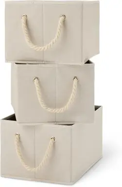 ANQI Foldable Storage Bins with Rope Handles, Linen, Pack of 3