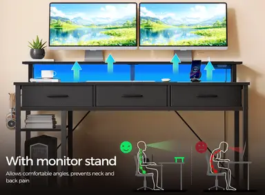 Computer Desk with USB Ports, Power Outlets, LED Strip, Drawers & File Cabinet, Reversible Corner Gaming Desk with Monitor Shelf & Storage for Home Office