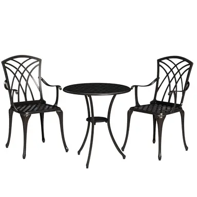 Outsunny 3 Pieces Garden Dining Set for 2, Cast Aluminium Outdoor Dining Set with 2 Armchairs and Round Dining Table with Parasol Hole, Garden Furniture Bistro Set, Bronze Tone