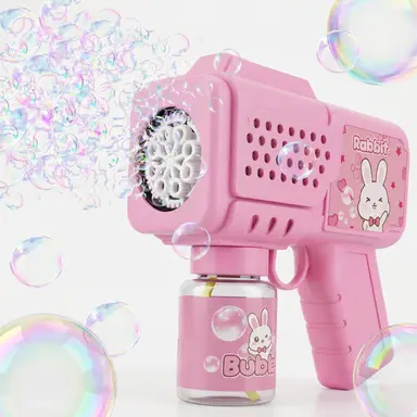 Tokky Pink Bunny Bubble Gun for Toddlers, 360° Leak-Proof Automatic Bubble Blower, 8-Hole High Output, Includes DIY Stickers, BPA-Free Outdoor Summer Toy, Birthday Gift for Girls Ages 3-8