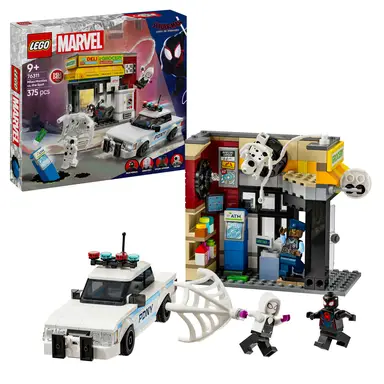 LEGO 76311 Marvel Spider-Verse: Miles Morales vs. Spot - Superhelden Spielset mit Spielzeug Auto - 4 Minifiguren und Mini-Markt - Geschenk für Jungen und Mädchen ab 9 Jahren