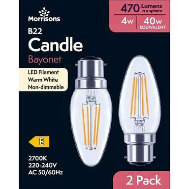 Morrisons Light Bulb LED Candle Filament Bayonet B22 Warm White 4W 470 Lumens 2 Pack