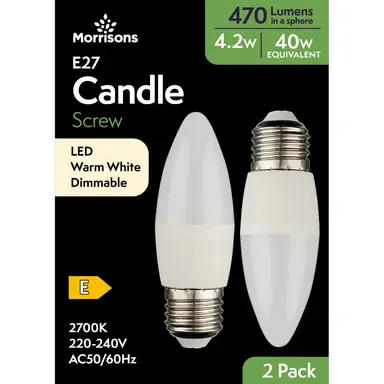 Morrisons Light Bulb LED Candle Frosted Screw E27 Warm White 4.2W 470 Lumens Dimmable 2pcs