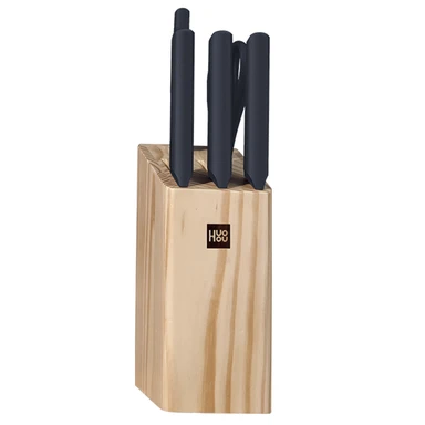 Huohou 6-Piece Stainless Steel Kitchen Knife Set with Wooden Block – 30Cr13 Blades, Hand-Polished Edges, Ergonomic PP Handles, Double-Inclined Pine Holder, Sharp and Durable Cooking Knives for Home Use