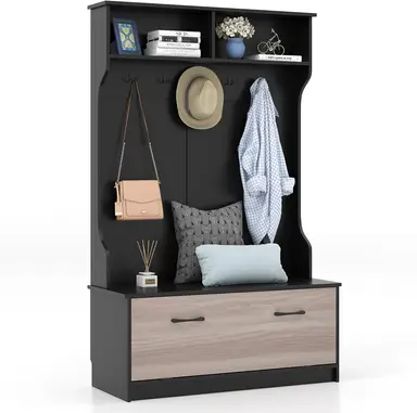 Costway 63-inch Hall Tree with Coat Rack and Storage Bench, Black