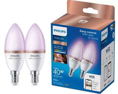 Philips Smart Light Bulb LED Candle Frosted Screw E14 Full Colour & Warm/Cool Spectrum 40W 2pcs