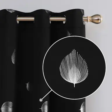 Deconovo Blackout Silver Foil Printed Fan Leaf 8 White Grommet No Tie Curtain, 2Pcs W132xL183 Black