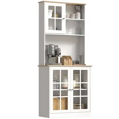 HOMCOM Freestanding Kitchen Cupboard, Storage Cabinet with Doors and Adjustable Shelves, Counter Top, Grid Glass Doors, 80L x 37W x 183H cm - White
