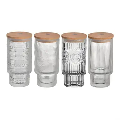  4-Piece Glass Drinking Cups With Glass Straws Cleaning Brush Reusable Smoothie Cups                          