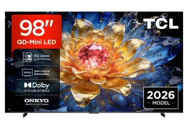 [2026 Neuheit] TCL 98T8D 98” QD-Mini LED 4K HDR Ultra HD TV, Smart Google TV (Dolby Vision, HDR10+ & Atmos, 144 Hz VRR, FreeSync Premium Pro, Onkyo 2.1 Sound, Sprachsteuerung, kompatibel mit Google Assistant, Google Cast und AirPlay 2)