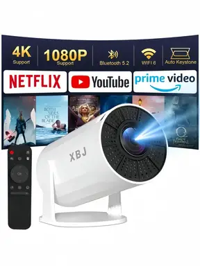 XBJ Portable White Projector with WiFi 6 & Bluetooth 5.2, Smart Mini Projector，1080P HD (4K Decoding), Android 11 System, Auto Keystone + 180° Rotatable, 200 ANSI, 40-200" Screen for Bedroom/Indoor/Outdoor/Home Theater