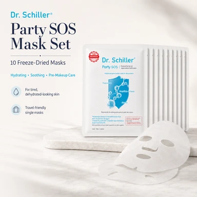 【Sommerangebot】 Dr. Schiller Party SOS Gefriergetrocknetes Gesichtsmasken-Set, 10 Masken: Feuchtigkeitsspendende, beruhigende & vor der Make-up-Pflege für müde, ausgetrocknet aussehende Haut
