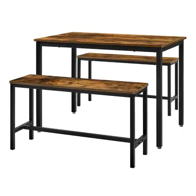 SONGMICSHOME Dining Table with 2 Benches, Set of 3, Kitchen Table, 2 Dining Room Benches, Steel Frame, Brown and Black