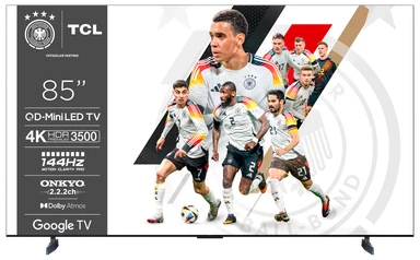 TCL 85C855 85 Zoll QLED Mini LED Fernseher, QLED PRO, 4K HDR Premium 3500 Nits, Smart TV mit Google TV (Dolby Vision & Atmos, Onkyo 2.2.2 Soundsystem, 144Hz Motion Clarity Pro, Freihändige Sprachsteuerung, kompatibel mit Google Assistant & Alexa)